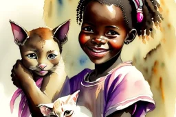 A cute smiling African girl is holding a kitten. Watercolour