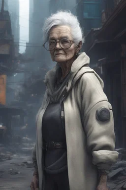 cyberpunk saggy granny woman, abandoned sci-fi town, future, sci-fi
