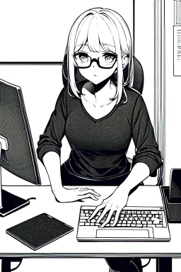 girl with glasses works on a computer in a cafe, line arts, greyscale