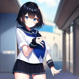 Clear focus,High resolution, Black short fluffy hair, and blue eyes, wearing a sailor uniform, must wear a short skirt, Blushing, Wearing black fingerless gloves,