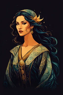 create an abstract impressionist, ethereal, darkly magical lithographic print illustration of an epic female Andalusian sorceress with highly detailed and deeply cut facial features