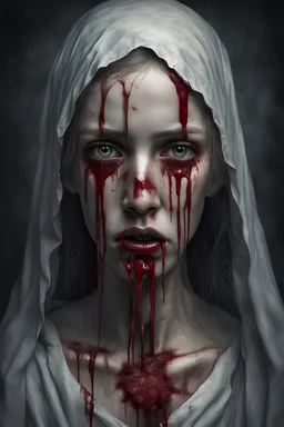 A horror digital realism portrait of a saint blind girl with gloomy eyes and bleeding mouth her soul out pain pain pain