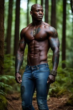 Alimi Ballard as muscular man bald with tribal tattoos wearing jeans and a teeshirt, fantasy, forest