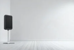 Une pièce vide blanche, une enceinte, liminal atmosphere