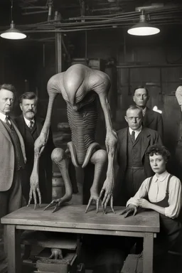 1900's black and white vintage photo, interior, working alien organ manufacturing factory warehouse, unhappy and angry,stange long grey alien human hybrid creature with a family that is sad, captured on square format film, grainy, aged