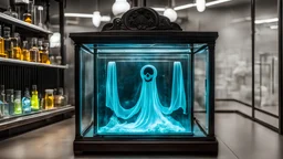 a display case for a glowing ectoplasmic ghost in a laboratory environment