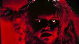 The Exorcist is a 1973 American supernatural horror film. The demonic possession by Pazuzu demon of a young girl (Linda Blair).Alchemist , high voltage, thunder light, closeup, proactive scene, provocative moving, action pose, modern and futuristic HD colored black and red decor of beautiful black Pazuzu demon in a high voltage,light saber action, double exposure, halo, perfect composition, highly detailed,lens flare