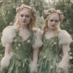Elle fanning and dakota fanning as flowers, green, in 1924