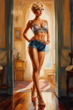 full length low angle airbrush portrait of young barefoot woman standing legs apart, wearing crop top and silk shorts with blond hair in pixie haircut, tan complexion, and wireframe glasses, sapphire pendant, confident expression, by pino daeni bare feet resting on hardwood floor, in opulent parlor with antiques, relief hangings, and a crystal decanter, perfect toes, pedicure