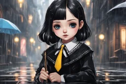 Cute little wednesday addams in 8k realistic anime drawing style, Gothic them, neon effect, close picture, rain, highly detailed, high details, detailed portrait, masterpiece,ultra detailed, ultra quality