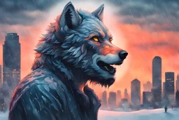 double exposure, Wolf Man, man, city, sunset, gouache, snow, rain, fantasy, mystical, tattoo, vertical pupils, high detail, high resolution, 8K