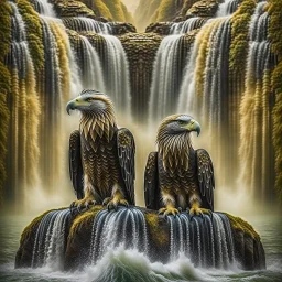 portrait of psychedelic eagle couple on surfboard in waterfall, in the style of escher , 8k, down-light, soft light, depth of field, photo realism, trending on art station, high detail, smoke and fog