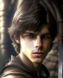 young noble swordman short brown hair photorealistic