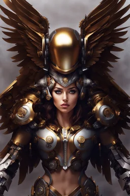 Photo half body Lady Angel cyborg straddle wings, using traditional armor,detailed, intricate,gears cogs cables wires circuits, gold silver chrome copper,abstract background