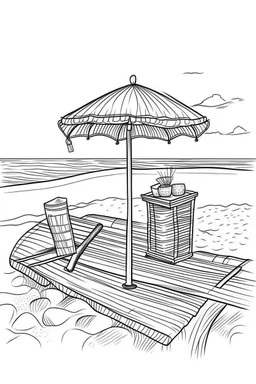 Outline art for coloring page, SHORT SQUARE WICKER PICNIC BASKET WITH HANDLES SET, BEACH TOWEL UNDER A TALL BEACH UMBRELLA, HAWAII BEACH, coloring page, white background, Sketch style, only use outline, clean line art, white background, no shadows, no shading, no color, clear