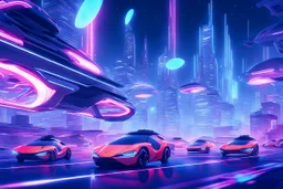 A futuristic cityscape at night with neon lights and flying cars.