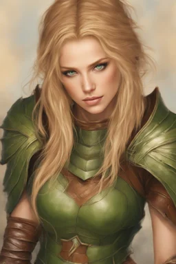 A beautiful woman with blond hair and green eyes. Brown leather armor.