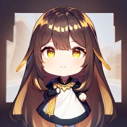 Clear focus, High resolution,a anime kid, roughline skecth, cute, cartoony style, brown long hair, yellow eyes, 1 yellow streak in hair, Half Chibi