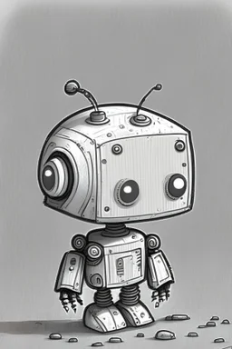 Small cute robot that looks like a drawn one. The robot is watching to the left. It should be of no color and have an border for each of its part.