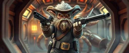 air brush 3d with pen outline,spaghetti boss gunslinger with ammo belts, western fluffy elder goblin troll edgy hero with slightly glowing eyes in front of glistening space lobster dog, shallow depth of field, warm lantern, pin hole cam in doll house space ship, bottom floor board edge border