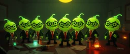 in the style of fallout 4, A group of glowing, cartoonish uranium creatures in a dimly lit boardroom, wearing tiny suits and glasses, with playful but slightly mischievous expressions. Their bodies emit a soft greenish glow. The room is filled with scattered papers, glowing vials, and miniature nuclear reactors. Style: whimsical digital illustration, cinematic lighting, colorful, slightly exaggerated features, playful yet mysterious atmosphere.
