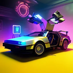 cyberpunk army DeLorean, cyberpunk 2077, center composition, puddle reflection, ultra realistic, shiny, smooth, studio quality, octane render, Surrealism, Triadic colour scheme, glow-stick, god rays, mist on the horizon' ambient lighting, nightclub lighting, polaroid, 100mm, --ar 1:1 --v4