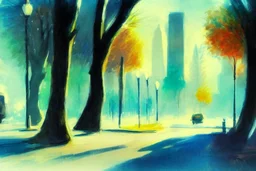 City, cars, street, grass, trees, lesser ury impressionism painting