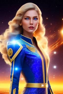 Beautiful tall woman Pleiadian galactic commander, ship, perfect detailed face, detailed golden galactic suit, high rank, long blond hair, hand with five perfect detailed fingers, amazing big blue eyes, smiling mouth, high definition lips, cosmic happiness, bright colours, blue, pink, gold, jewels, realistic, real photo, bright and sunny background, very detailed, high contrast, high definition 8k, pixel 512X512, unreal engine 5, extremely sharp details, light effect, br