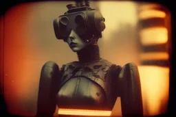 steampunk, vintage analog polaroid of a woman robot, female body, fog, lomography, heavy film grain, night, color bleed, depth of field, bokeh, retro