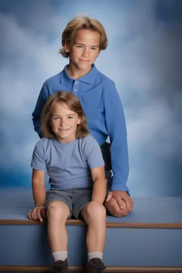 facial portrait - 10-year-old Arnold Schwarzenegger is posing for his school picture flexing like a bodybuider - Sparkling, Sky blue Background, professional quality studio 8x10 UHD Digital photograph by Scott Kendall - multicolored spotlight, Photorealistic, realistic stock photo, Professional quality Photograph. colored Fog