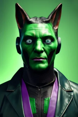 Medium Close Up Portrait, Front image. cyberpunk, rabbit mask helmet, strong man, green hair. latex suit. Purple, green, color. Joker style. Color background, photo studio. Avatar image, highly detailed, concept art, smooth, unreal engine 5, ray tracing, RTX, lumen lighting, ultra detail, volumetric lighting, 3d, finely drawn, high definition, high resolution.