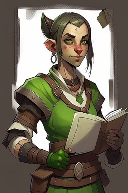 Dungeons and dragons half orc girl. She has green skin and pointy ears. She is kind. She has short hair. She carries a book. She is in a tavern. Realistic style