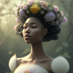 Closeup face portrait of a ebony girl wearing crown of flowers, smooth soft skin, big dreamy eyes, beautiful intricate colored hair, symmetrical, anime wide eyes, soft lighting, detailed face, by makoto shinkai, stanley artgerm lau, wlop, rossdraws, concept art, digital painting, looking into camera