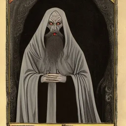 Nosferatu with four yellow eyes with fleshy tentacle beard grey skin and vampire fangs as a Russian Orthodox bishop