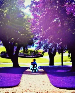 park mystical dream, park bench, man, woman, child, dog, pretty blue and purple trees, blue path, bird, jogger, sunshine, mystical, fantasy, romanticism, cinematic, cinematic lighting, award-winning, beautiful colors, daylight, daytime,