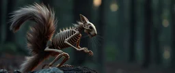 radiant ninja wooden werewolf squirrel Skeleton with fluffy fur, motion blur background dark forest