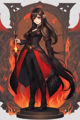 A young woman with pale skin and long brown hair in a fantasy setting with intricate details. Her attire is sleek black and red. She is smirking, has intense red eyes, intimidating presence, exudes an aura of malevolence. High definition. Fire in the background.