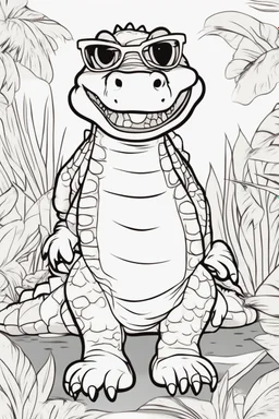 Outline art for cute coloring pages with crocodile with glasses, full body, white background, sketch style, only use outline, clean line art, no shadows and clear and well outlined.