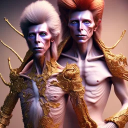 David bowie full body hyper realistic, Jim Henson's Labyrinth, Jareth the goblin king Painted Sculpture in the style of Stefan Gesell and Katsushika Hokusai, with gold filigree and vivid pink flowers , Thai Supt. Ngoceraart , incredible detail