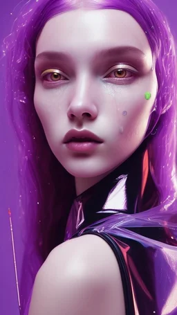 painting by koson ohara and marta bevacqua, portrait of a beautiful goth woman with long black hair, wearing a plastic raincoat, purple neon lighting, 8k, high quality, highly detailed