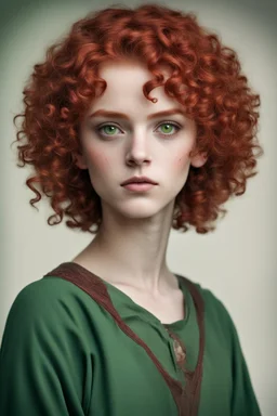 fifteen-year-old girl with short, blood-red curls, green eyes, dressed in a green tunic