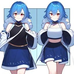 Clear focus, High resolution, rough line art, cute, cartoon, medium blue hair, hair between eyes, fluffy hair, red eyes, wearing a black sleeveless crop top, wearing a white jacket thats of her shoulders, wearing a blue skirt, cutsleeves blue strap and white color, intricately detailed outfit, smiling, 1girl