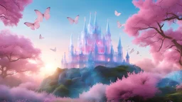 photo of one illuminated transparent crystal castle, translucent blue crystal palace at the top of a magical hill with trees in pink bloom, clear blue sky, white butterflies and birds in flight, soft pink light, sunrise in the background, 4K