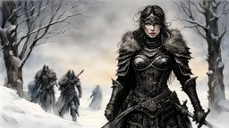 Hyper-photorealistic watercolor art style by Luis Royo , a warrior woman in black armor on the background of a cold snow-covered country, ice and crystal, frost and snow, hyperdetailed face, full body diagonal shot, encounters male bandits in dark fantasy countryside setting, absence of mysterious elements, dramatic lighting, ultrafine detail, octane rendering., by