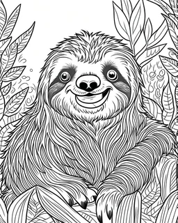 create a 2d black outline, "safari smiling cartoon sloth coloring book for adults", coloring page, low details design, black contour, coloring page design, simple background, colorful , card style, coloring page for adults, white background, sketch style, safari landscape, cartoon style