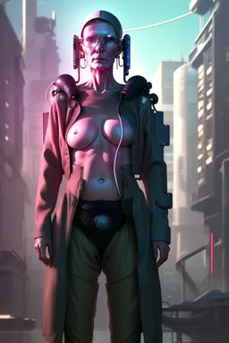 cyberpunk saggy granny woman, abandoned sci-fi town, future, sci-fi
