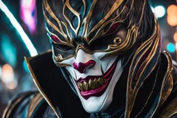 Jhin venom in 8k live action artstyle, white clown mask, wapen, close picture, neon lights, intricate details, highly detailed, high details, detailed portrait, masterpiece,ultra detailed, ultra quality