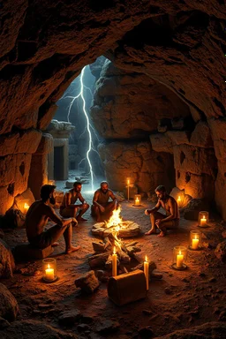 Stone Age men sitting around fire in a cave underground supernatural paranormal abandoned desolated ancient monuments candles night nighttime view unreal engine beauty beautiful the render photography sharp sharpness light lightning effects realistic surrealism surrealistic future futuristic fantasy fantastic artificial intelligence ai digital art artistic artwork wallpaper portrait legend legendary imagine imagination epic iconic cool wow artist mysterious aura atmosphere adventure interest