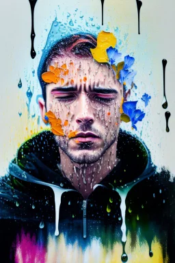 acrylic portrait of a man, emotions, rain, flowers, umbrella, autumn, paint blots, splashes, tears, plants, yellow, blue, green, orange colors