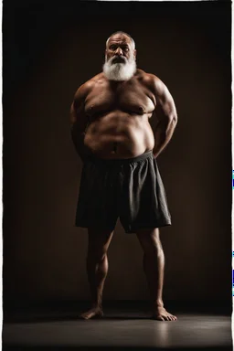 full body human figure shot photography from the ground of a burly ugly chubby 38 year old turkish boxer with big broken nose, silver beard, muscular beefy man shirtless, manly chest, big shoulders, photorealistic , side light, in a dark room, view from the ground